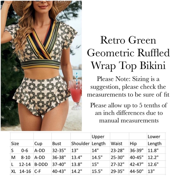 Retro Green Geometric Ruffled Wrap Top Bikini - Picture 16 of 16